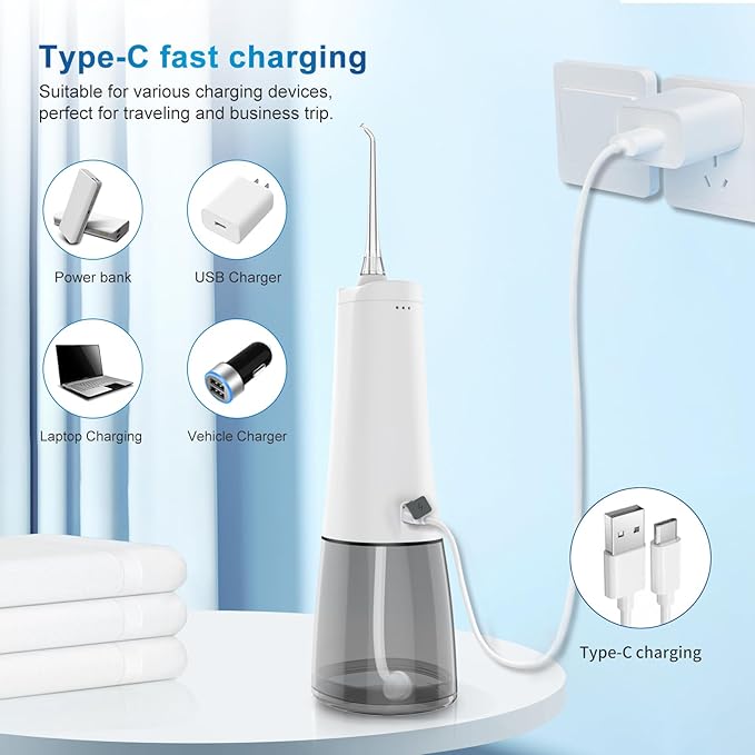 Cordless Water Dental Flosser oral irrigator,JNGOODS 300ml Rechargeable water flosser for teeth IPX7 Waterproof 4 Modes portable Oral Irrigator with 4 jet tips, Travel Home use (White)