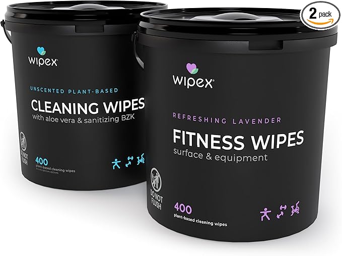 Wipex Gym Wipes Bundle - Get 2 Buckets (1) Lavender Plant-Based Fitness Equipment Wipes & (1) Sanitizing BZK for Skin, Great for Gyms, Yoga Studios, Home, Fitness Centers, 400 Ct (Pack of 2)