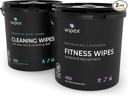 Wipex Gym Wipes Bundle - Get 2 Buckets (1) Lavender Plant-Based Fitness Equipment Wipes & (1) Sanitizing BZK for Skin, Great for Gyms, Yoga Studios, Home, Fitness Centers, 400 Ct (Pack of 2)
