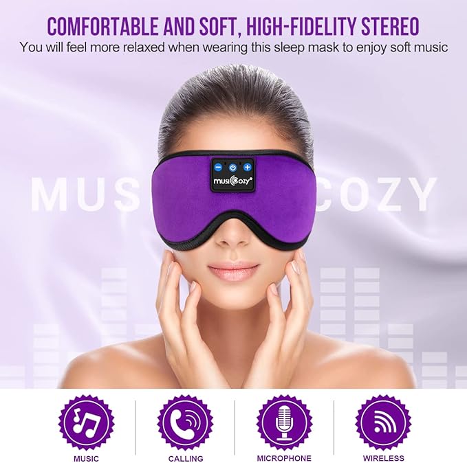 MUSICOZY Sleep Mask with Bluetooth Headphones, Sleeping Headphones Bluetooth Headband Eye Mask, Wireless Music Earbuds Earphones with HD Ultra-Thin Stereo Speakers for Side Sleepers
