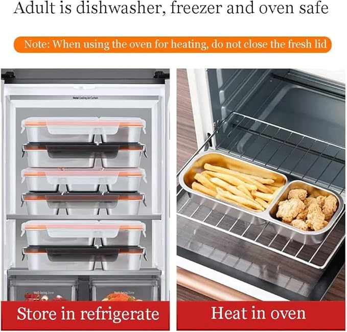 Stainless Steel Snack Containers,2Pack Reusable Double/2 Compartment Snack Containers with Lids, Divided Food Storage Containers Sauce Cups for School, Travel,Home(Double Compartment)