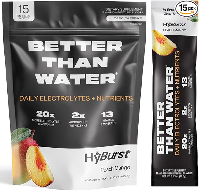 Electrolyte & Vitamin Supplement Powder, Drink Mix with B12, L-Theanine, D3, K2, Zinc, Magnesium, Potassium, Supports Calm Focus & Energy, Peach Mango, 15 Pack