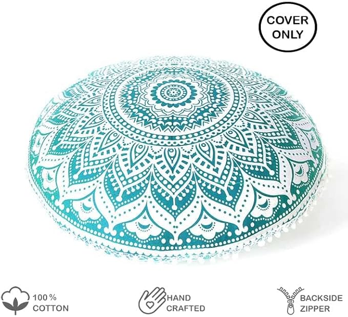 Eyes of India - 32" Green White Round Colorful Floor Patchwork Pillow Cover Meditation Cushion Seating Throw Mandala Hippie Bohemian Accent Boho Chic Dog Bed Indian Handmade Cover ONLY