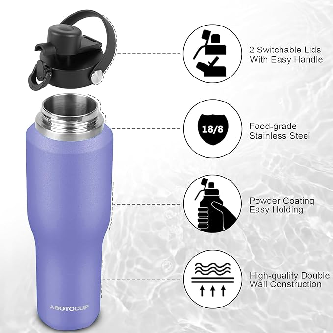 32oz Black Water Bottle Stainless Steel, Keep Cold 24H&Hot 12H, Water Bottle with Straw&Spout Lids, Insulated Water Bottle Double Wall Vacuum, Fit in Any Car Cup Holder, Leak-proof BPA Free