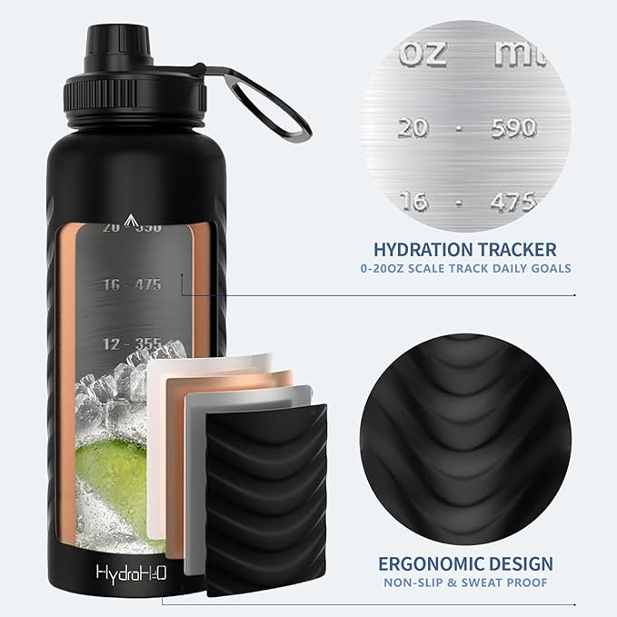 32oz Stainless Steel Insulated Water Bottle, 48H Cold & 24H Hot, Leak-Proof Wide Mouth Lids (Straw & Spout), BPA-Free Bottles, Mens Water Bottle for Gym, Hiking, Travel - Black