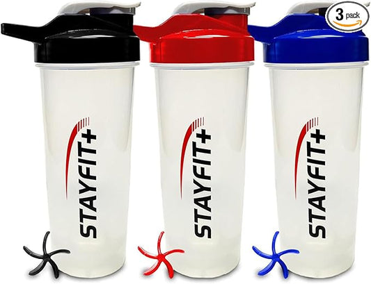 Stayfit Classic Loop Top Protein Shaker Bottle, 24-Ounce Pack of 3. Great for The Gym, Traveling, and Work. Comes with 3 Mixing Balls to Easily Mix Protein. (Multi- Red, Blue, Black)