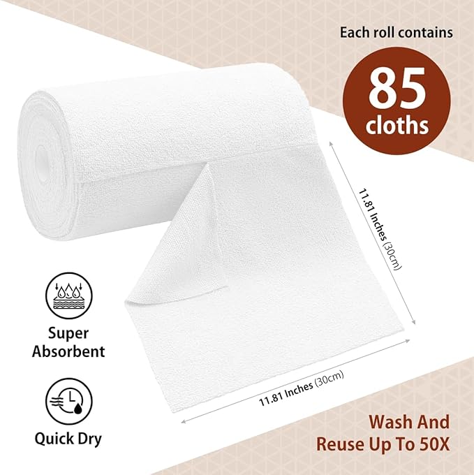 H4N Microfiber Cleaning Cloth Roll, 85 Pack Micro Fiber Cloth for Cleaning, Tear Away Towels, Ultra Absorbent, Non-Abrasive, Reusable and Washable Cleaning Supplies, 11.81" x 11.81", White