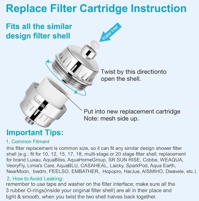 2 Pc Luxau 20 Stage(Also Fit 15, 18 Stage) Shower Filter Replacement Cartridge, Shower Head Filter Refill, for Hard Water Chlorine Heavy Metal, Skin Hair, Fit Any Similar Design Shower Water Filter