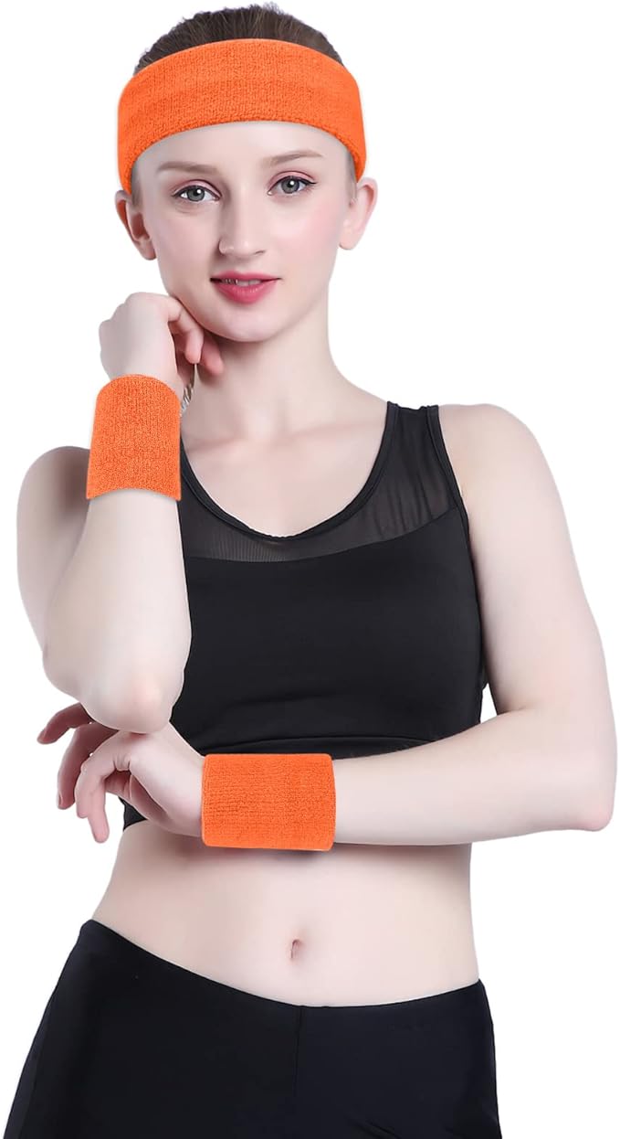 ONUPGO 6 Pieces Sweatbands Set - Sports Headbands Wristbands for Men & Women,Cotton Terry Cloth Sweatband for Tennis,Basketball,Gym,Working Out - Moisture Wicking Elasticity