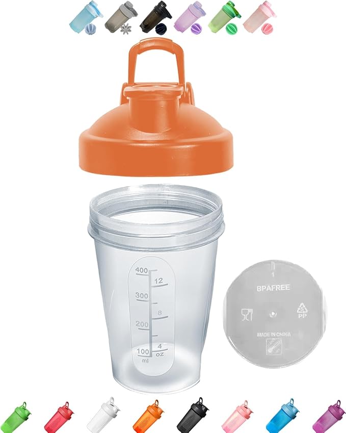 Ergonomic Small Clear Wide Mouth Shaker Cup (Made of Premium PP5,BPA FREE,Modelized Scale Marks 4-8-12 Oz) & Orange Leakproof Screwable Cover Lid (Style May Vary) & Whisk,Free Replacement in 10 Months