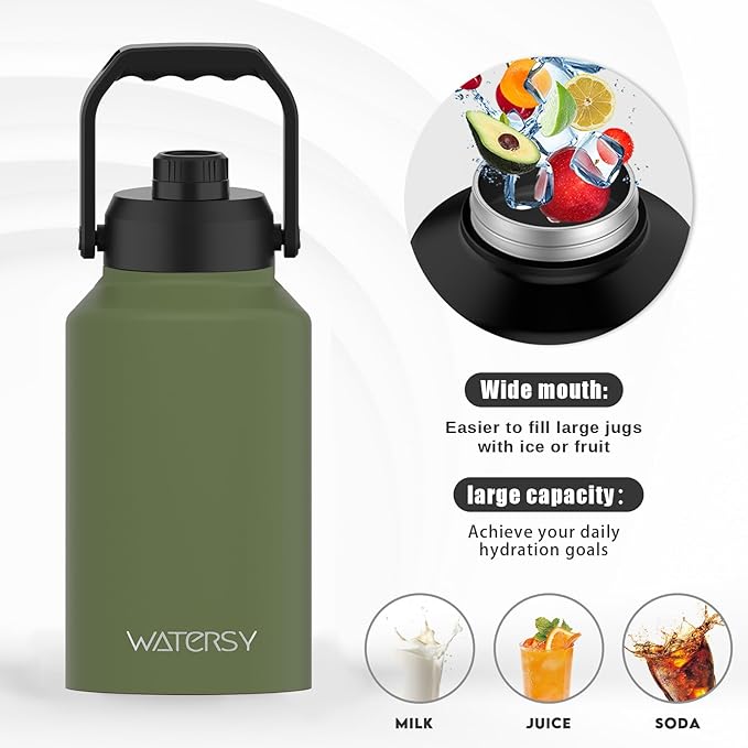 2/3 Gallon Water Bottle Insulated(Cold for 48 Hrs),BPA Free&Leak Proof,87oz Stainless Steel Water Jug/Flask,Big thermo,Large Water Bottle with Handle for Gym,Hiking,Camping,Olive Green