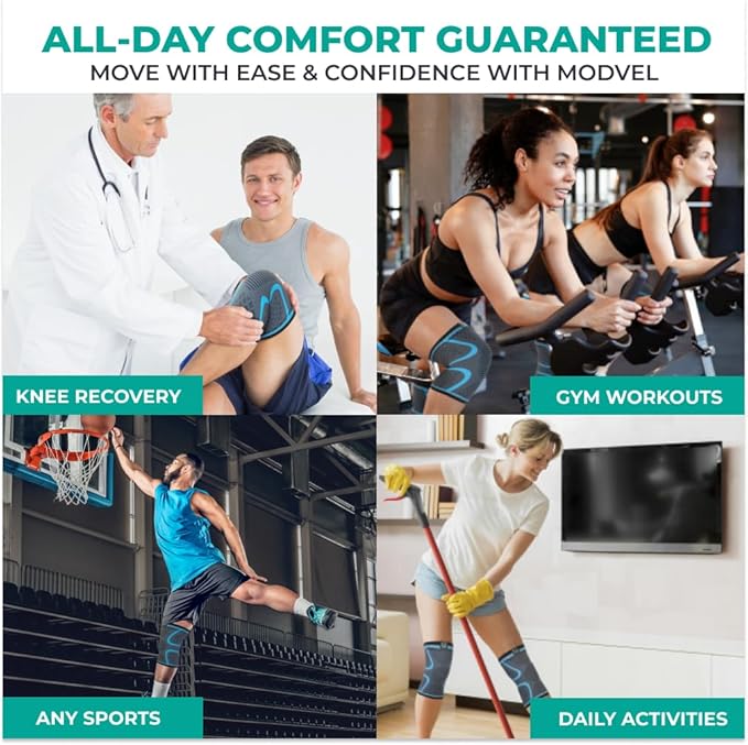 Modvel Compression Knee Brace for Women & Men - 2 Pack Knee Brace for Women Running Knee Pain, Knee Support Compression Sleeve, Workout Sports Knee Braces for Meniscus Tear ACL & Arthritis Pain Relief