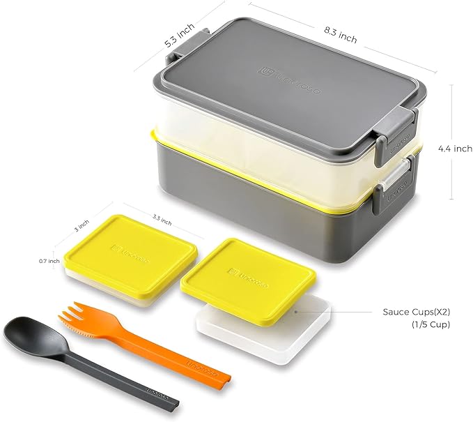 linoroso Stackable Bento Box Adult Lunch Box | Meet All You On-the-Go Needs for Food, Salad and Snack, Premium Bento Lunch Box for Adults Include Utensil Set, Dressing Containers - Ultimate Gray