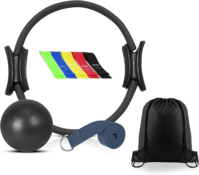 Pilates Ring Set – Magic Circle with Dual Padded Handles, Mini Exercise Ball & 5 Resistance Bands | Pilates Kit for Women | Home Workout Equipment for Full-Body Training & Fitness Set