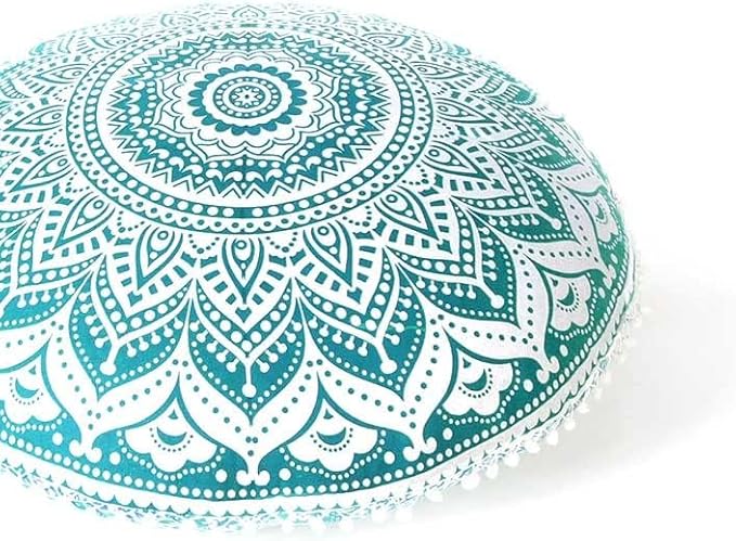 Eyes of India - 32" Green White Round Colorful Floor Patchwork Pillow Cover Meditation Cushion Seating Throw Mandala Hippie Bohemian Accent Boho Chic Dog Bed Indian Handmade Cover ONLY