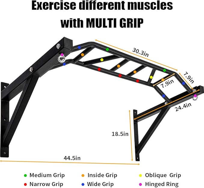 BESTHLS Wall Mounted Pull Up Bar and Dip Station, Heavy Duty Wall Mount Pull-up Chin Up Bar Multifunctional Home Gym Workout Indoor Exercise Equipment Support to 440 Lbs