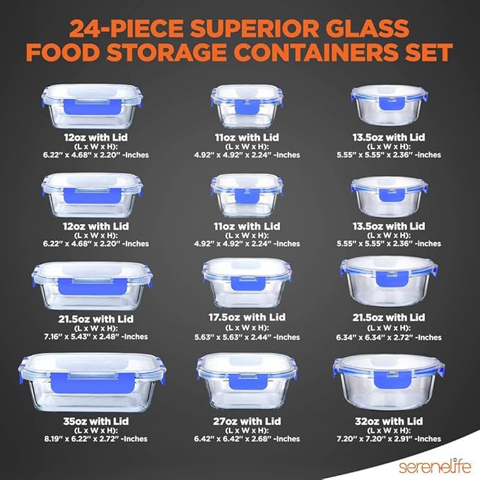 SereneLife 24 Piece Glass Storage Containers with Lids, 12 Pack Glass Meal Prep Container Set for Lunch, Kitchen Storage, Food Storage, Leak Proof, Freezer Safe and Dishwasher Safe, Blue