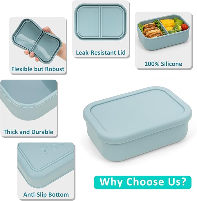 100% Silicone Bento Box Adult with 2 Compartments, 24oz, Reusable Small Divided Lunch Box Meal Prep Containers for Food Snack Storage, BPA-Free Plastic-Free, Microwave Dishwasher safe, Green