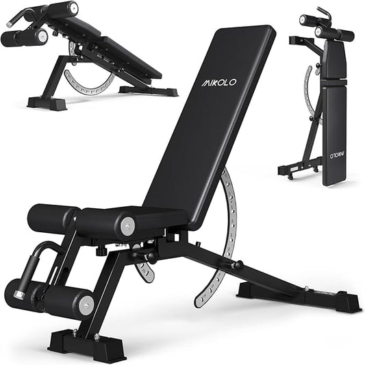 Mikolo 1200LB Weight Bench, Adjustable Workout Bench with Detachable Leg Support, Vertical Storage Space-Saving Exercise Bench for Home Gym, Incline Flat Decline Sit Up Bench for Full Body Fitness