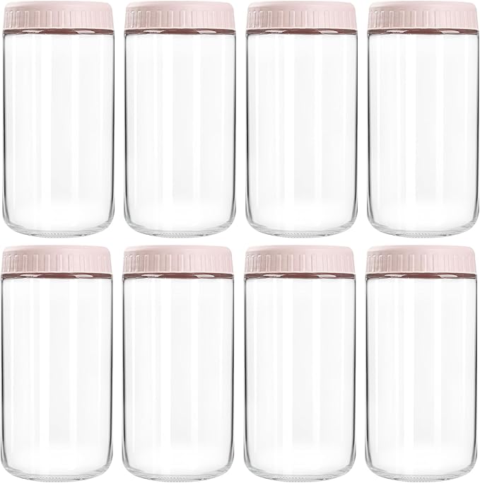 Overnight Oats Containers with Lids, 24oz Glass Jars with Lids 8 pcs, Pink, Wide Mouth Mason jars for Salad, Yogurt, Snacks, Meal Prep