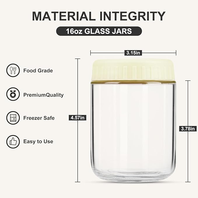 Overnight Oats Containers with Lids, 16oz Glass Jars with Lids 2 pcs, Milk White, Wide Mouth Mason jars for Salad, Yogurt, Snacks, Meal Prep