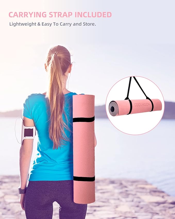 COOLMOON Yoga Mat Non Slip, Anti-Tear 1/4 Thick TPE Yoga Mats for Women and Men, 72"x24" Exercise & Fitness Mat with Carrying Strap, Workout Mats for Yoga, Pilates and Floor Exercise
