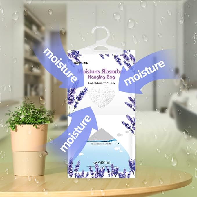 CANAGER Moisture Absorber -12 Pack,Lavender Vanilla Hanging Humidity Bag,Home,Car, and Closet Dehumidifiers and Deodorizers (12.5OZ)
