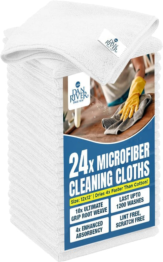 DAN RIVER 24-Pack White Microfiber Towels – Ultra Absorbent, Lint Free Towels & Streak-Free for Home, Car & Kitchen - Must-Have Cleaning Essentials - 12" x 12"