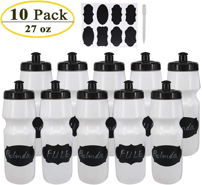 10 Pack 27 oz Sports Water Bottles Sports and Fitness Squeeze Water Bottles BPA Free come with 16 pcs Chalk Labels, 1 Pen(Dishwisher Safe)