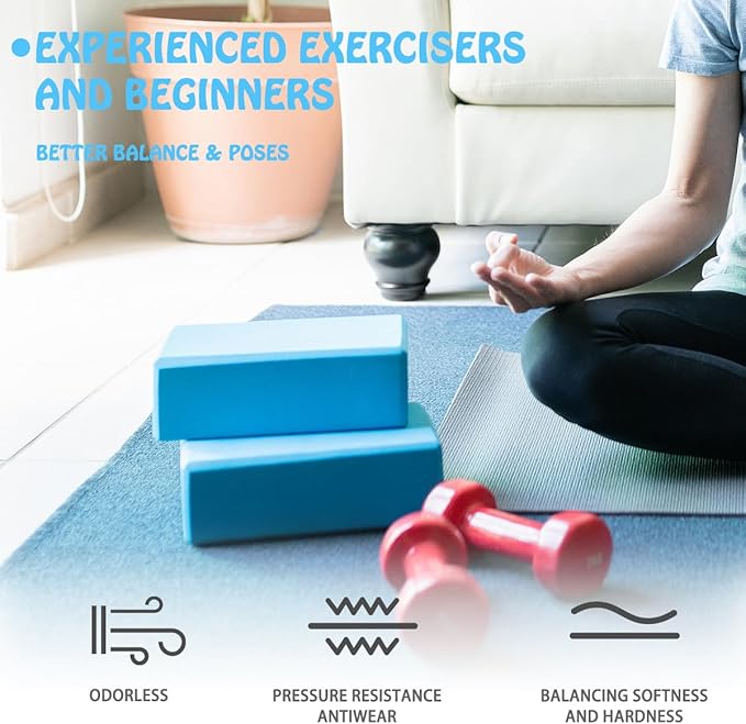 Yoga Blocks 2 Pack, Supportive Latex-Free Eva Foam Soft Non-Slip Blocks with Beveled Edges for Yoga, Pilates, Meditation - Yoga Accessories for Stability, Balance, Deepen Stretches