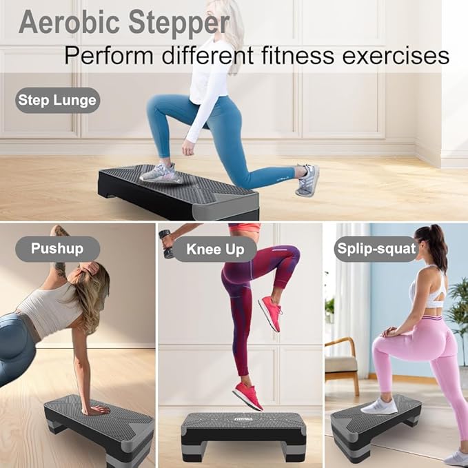 EVERYMILE Aerobic Exercise Step, Adjustable Aerobic Stepper for Exercise, Workout Step Platform, Step Up Box, 26.5" Step Deck with 4” 6” 8” Adjustable Height Risers, Women Home Gym Fitness