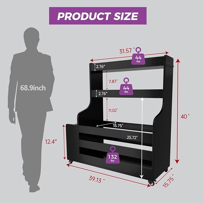 Weight Rack for Dumbbells, Home Gym Organizer Rack Yoga Mat Holder with Wheels and Hooks, All in One Workout Storage for Yoga Mat, Foam Roller, Gym Storage Storage for Home Exercise(Wood)