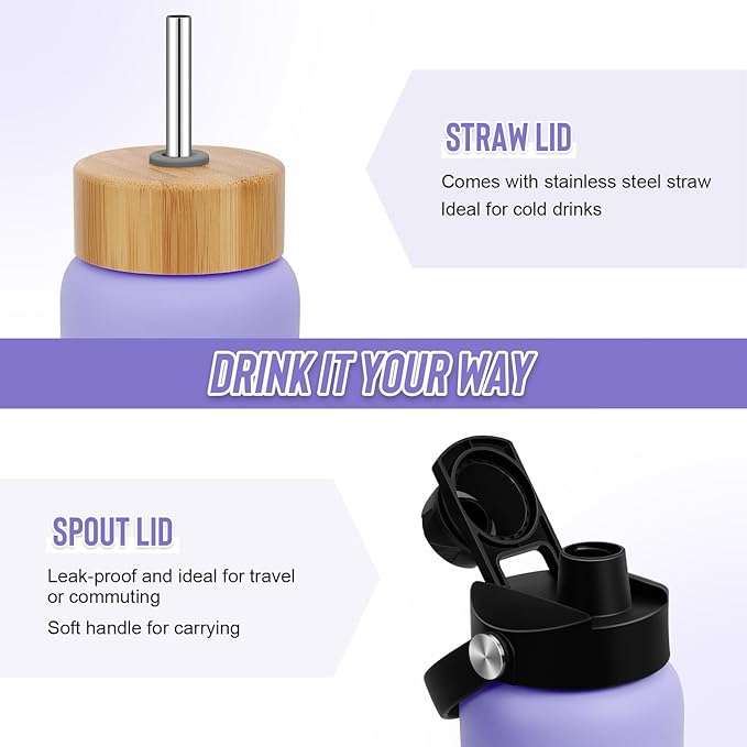 25 oz Glass Water Bottles - Motivational Tumbler With Time Marker - Borosilicate Glass With Silicone Sleeve and 2 Lids, Handle Spout & Bamboo Straw Lid (Purple)