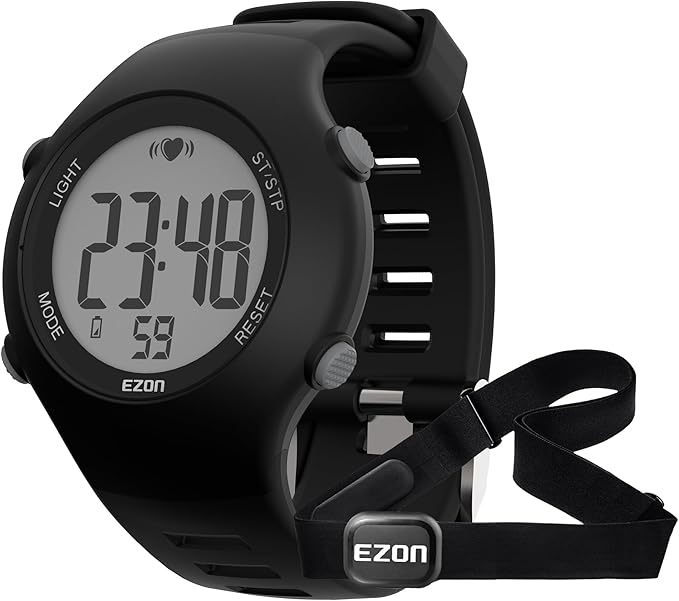 EZON Heart Rate Monitor Chest Strap and Digital Watch,5ATM Waterproof Fitness Tracker with HRM,Calories Burned,Stopwatch and Hourly Chime - Ideal Fitness Presents for Men and Women