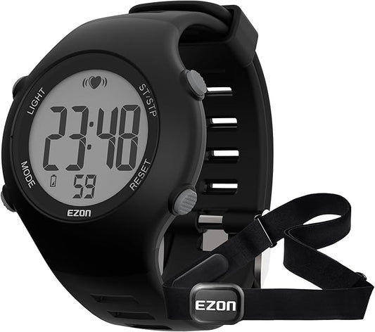 EZON Heart Rate Monitor Chest Strap and Digital Watch,5ATM Waterproof Fitness Tracker with HRM,Calories Burned,Stopwatch and Hourly Chime - Ideal Fitness Presents for Men and Women