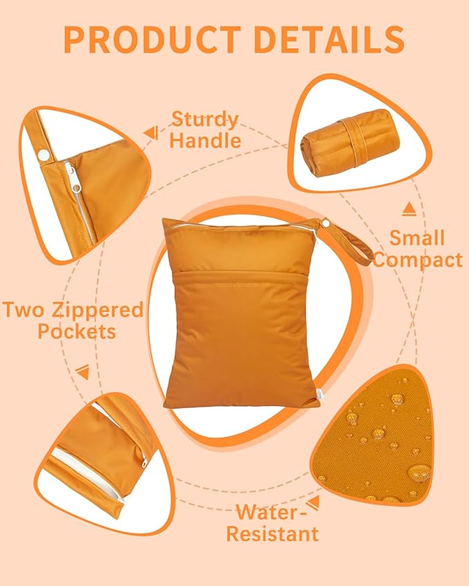 babygoal Wet Dry Bags 3 Pack for Baby Cloth Diapers, Washable Travel Bags, Beach, Pool, Gym Bag for Swimsuits & Wet Clothes with Two Zippered Pockets 3LN29