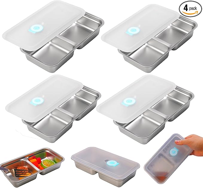 Grab and Go Snack Containers, Stainless Steel Double Compartment Snack Containers with Lids, Reusable Condiment Container-Dishwasher Safe,Travel & Outdoor Camping Food Storage(4 PCS)