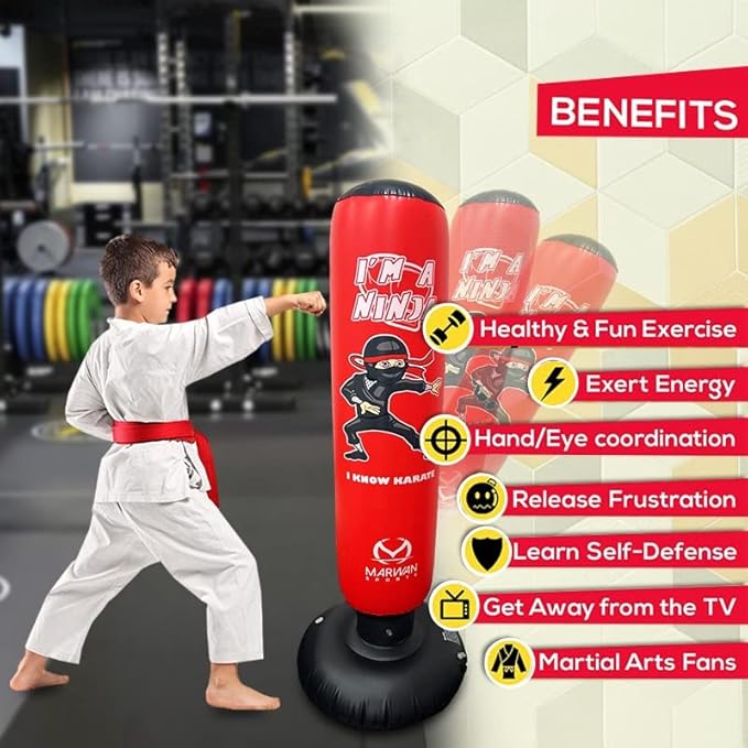 Marwan Sports 5-in-1 Inflatable Punching Bag for Kids β 63" Karate Toy Set with Boxing Gloves, Durable Fast Rebound, Active Play Christmas/Birthday Gift for Boys & Girls Ages 4-12