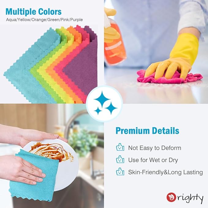 Orighty Microfiber Cleaning Cloth 24 Pack, Highly Absorbent Cleaning Supplies, Lint Free Cloths for Multiple-use, Powerful Clean Rags for House, Kitchen, Car Care (Multi-Color) 11.5 x11.5 inch