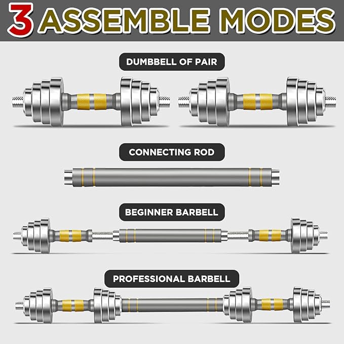 PHOEROS Adjustable Dumbbell Set - 44/66/88 LBS weights set, Dumbbell Barbell 3 in 1, Steel Dumbbells Pair with Connecting Rod for Adults Women Men Fitness Workout, Home Gym Exercise Training Equipment