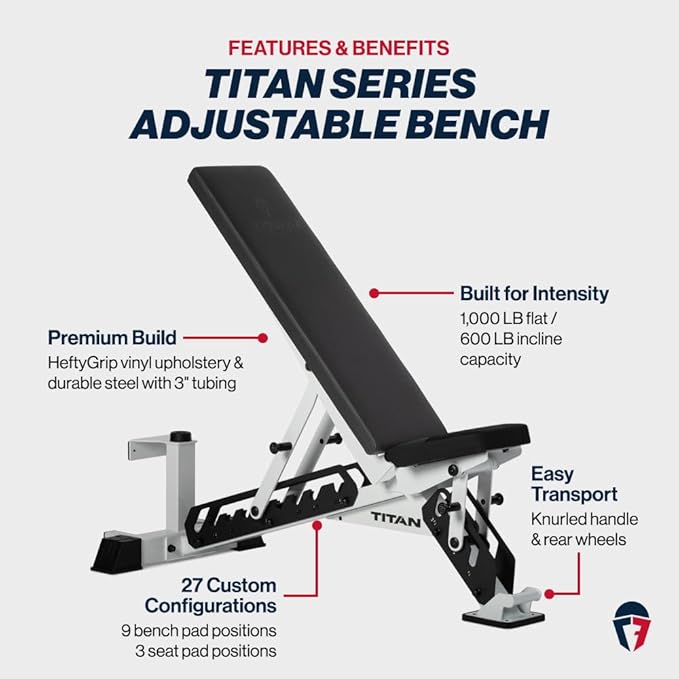 Titan Fitness TITAN Series Adjustable Bench, Supports 600 LB Incline, 1,000 LB Flat, Versatile Single Post Utility Workout Bench for Home Gym, Weightlifting, Strength Training