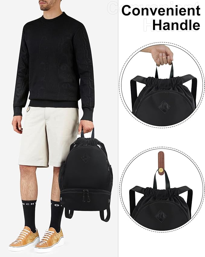 Drawstring Backpack Gym Backpack with Shoe Compartment for Men Women String Sports Bag with Wet Pocket Cinch Swim Beach Bag, Black (Patent Pending)