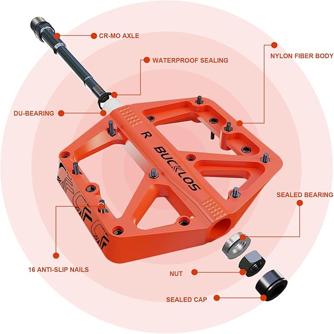 BUCKLOS Mountain Bike Pedals MTB Pedals Flat, Adult Bicycle Road Bike Large Platform Nylon Non-Slip Pedal for Gravel Bike/Hybrid Bike 9/16"