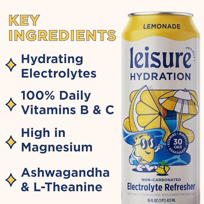 Leisure Hydration Non-Carbonated Electrolyte Refresher, Variety Pack - Low Sugar Nutrient Enhanced Water Beverage - Get The Best Hydration Packed w/ Magnesium & Ashwagandha For Mood & Stress Support, Non-GMO, 16 oz (12-Cans)