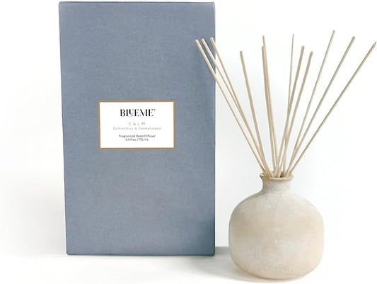 BLUEME Calm-Osmanthus & Sandalwood, 5.92 Fl Oz Wellness Diffuser, Contains Essential Oil, Sustainable, Hand Finished, Premium, Luxury Ceramic, Natural Rattan Reeds