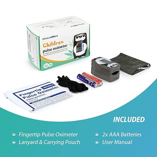 CHOICEMMED OLED Panda Pediatric Pulse Oximeter Fingertip – SP02 Pulse Oximeter for Kids – Children Blood Oxygen Saturation Monitor with Color OLED Screen - Child O2 Saturation Monitor with Batteries (Not for Infant or Newborn)