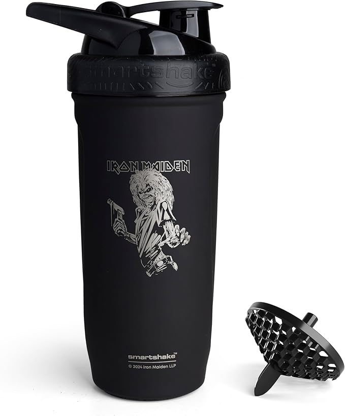 Smartshake Rockband Reforce Stainless Steel Protein Shaker Bottle 900 ml | 30 oz - Leakproof Screw-on Lid - BPA Free - Not Insulated – Unisex - Iron Maiden, Killers Logo on Bottle