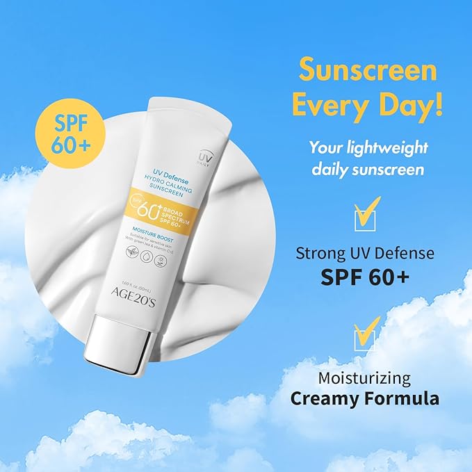 AGE20'S UV Defense Hydro Calming Sunscreen SPF 60+ | Korean Sunscreen | Moisturizing Creamy Formula, No White Cast, Lightweight Finish | Green Tea + Aloe Vera | Dermatest Excellent | 1.69 fl.oz*2