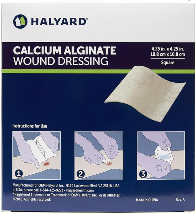 HALYARD Calcium Alginate Wound Dressing, Gentle Adhesive with Highly Absorbent Conformable Design, Maintains Structural Integrity 4.25 Inch x 4.25 Inch (Box of 10)