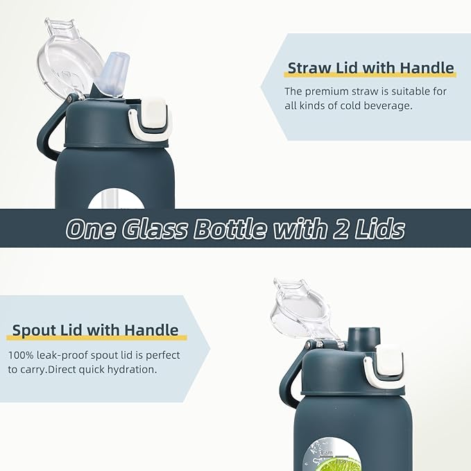 32 oz Glass Water Bottle with 2 Lids-Handle Spout Lid & Straw Lid, 1 Liter Motivational Borosilicate Water Bottle with Time Marker and Silicone Sleeve,Leakproof-Dark Blue-1 Pack